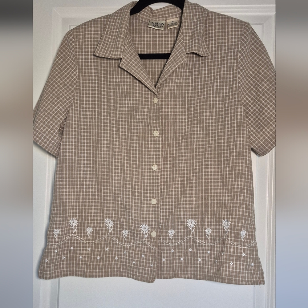 Allison Daley Petites PM Plaid Button-Up Blouse Embroidered Hem Shoulder Pads
